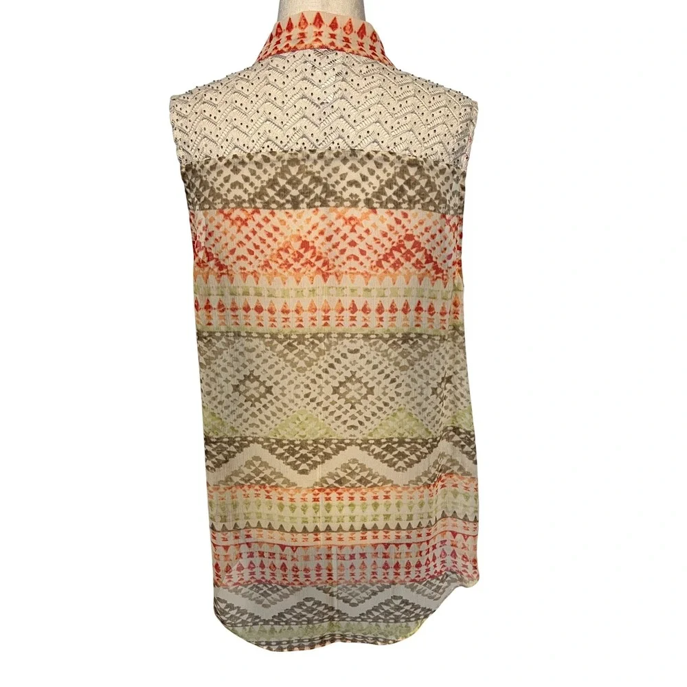 Chico's Size 1 Sheer‎ Kimono Orange Tan Tribal Beaded Crochet Lace Boho Topper